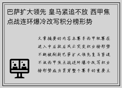 巴萨扩大领先 皇马紧追不放 西甲焦点战连环爆冷改写积分榜形势